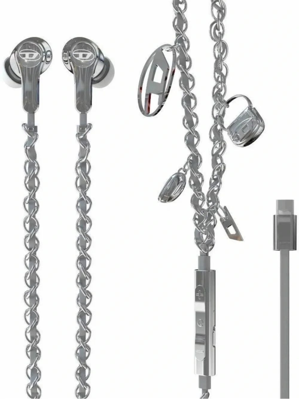 DIESEL Wired Earbuds Silver Charms 60458 USB-C ANC Active Noise Cancelling